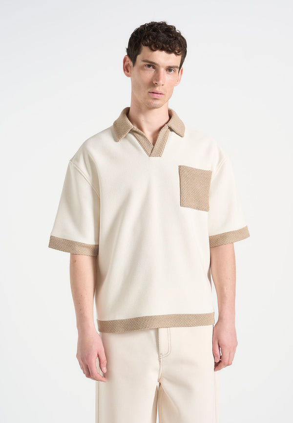 Brice - Boxy Polo Shirt with Crochet Detail - Cream