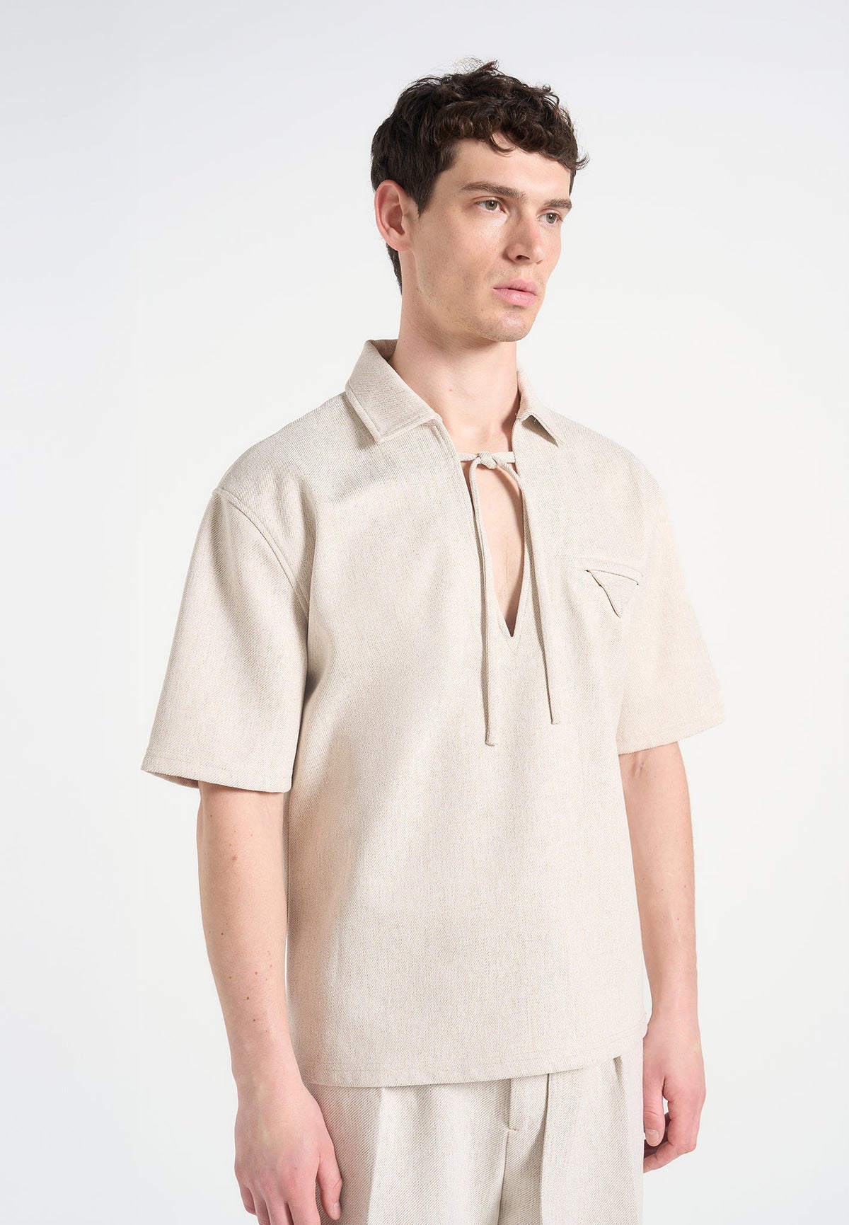 Norbert - Open Collar Textured Drawstring Shirt - Cream