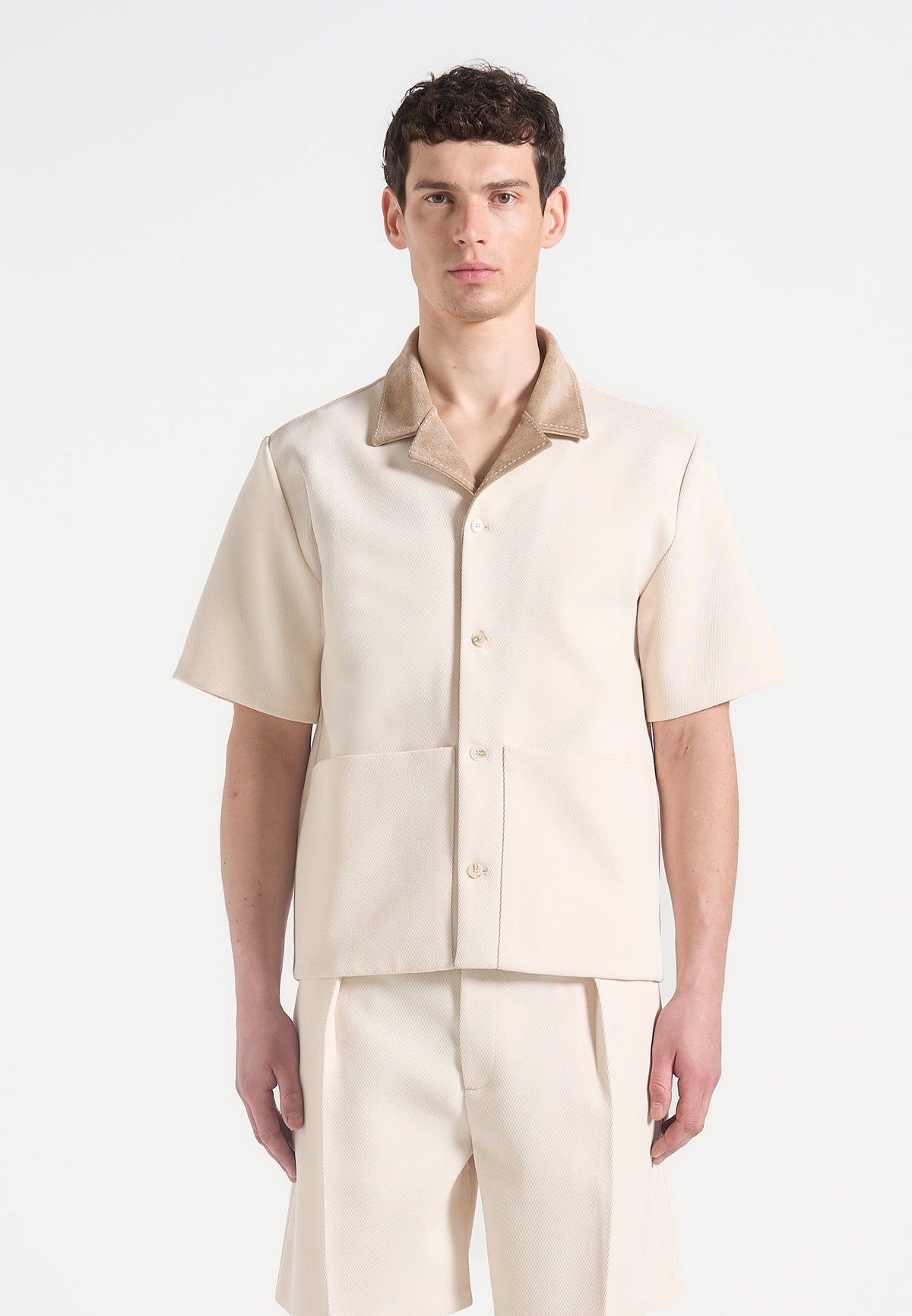 Joel - Twill Shirt with Suede Revere Collar  - Cream