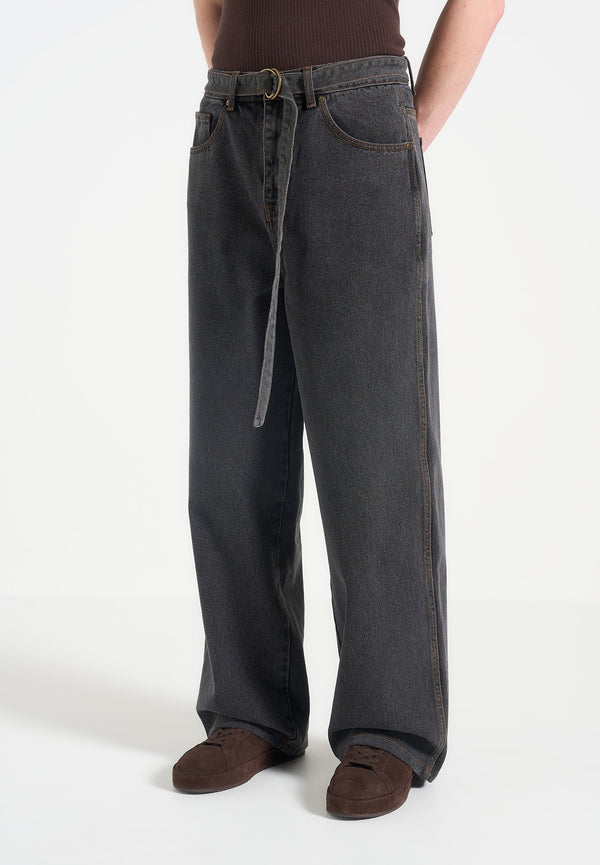 Adam -  Wide Leg Belted Jeans - Black Wash