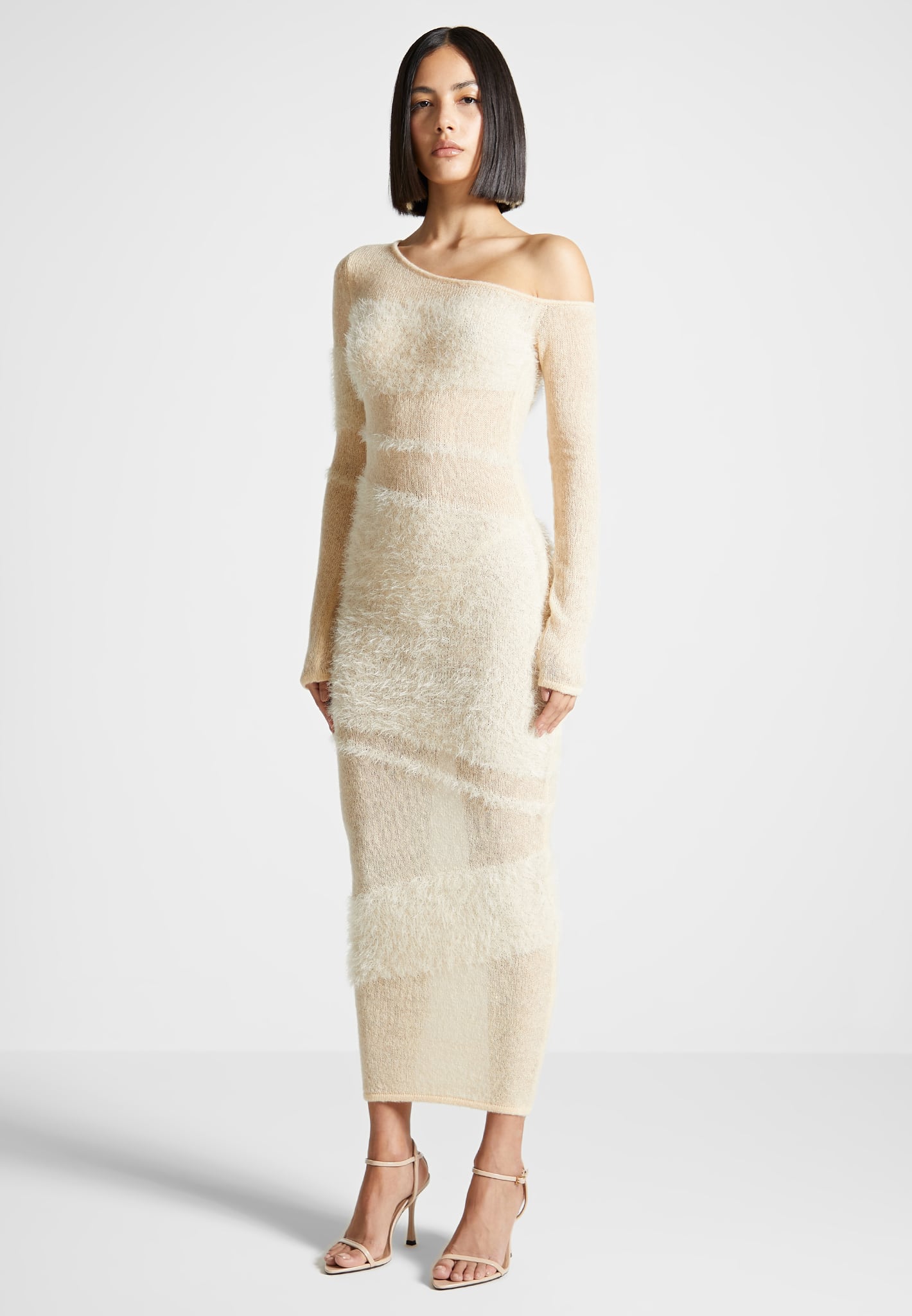Off Shoulder Knitted Maxi Dress - Beige | Manire De Voir Off Shoulder Knitted Maxi Dress - Beige | Manire De Voir