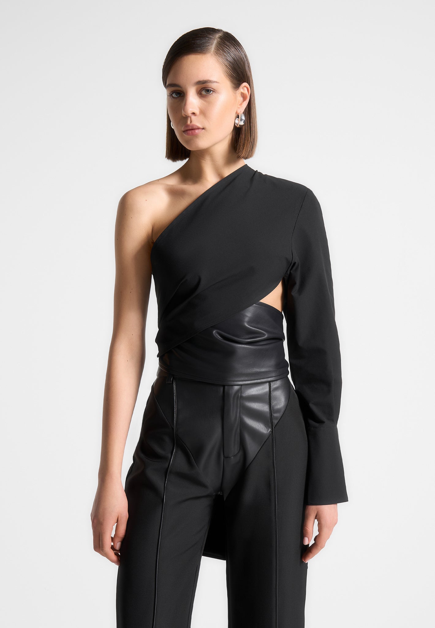 one-sleeve-vegan-leather-wrap-top-black-1 