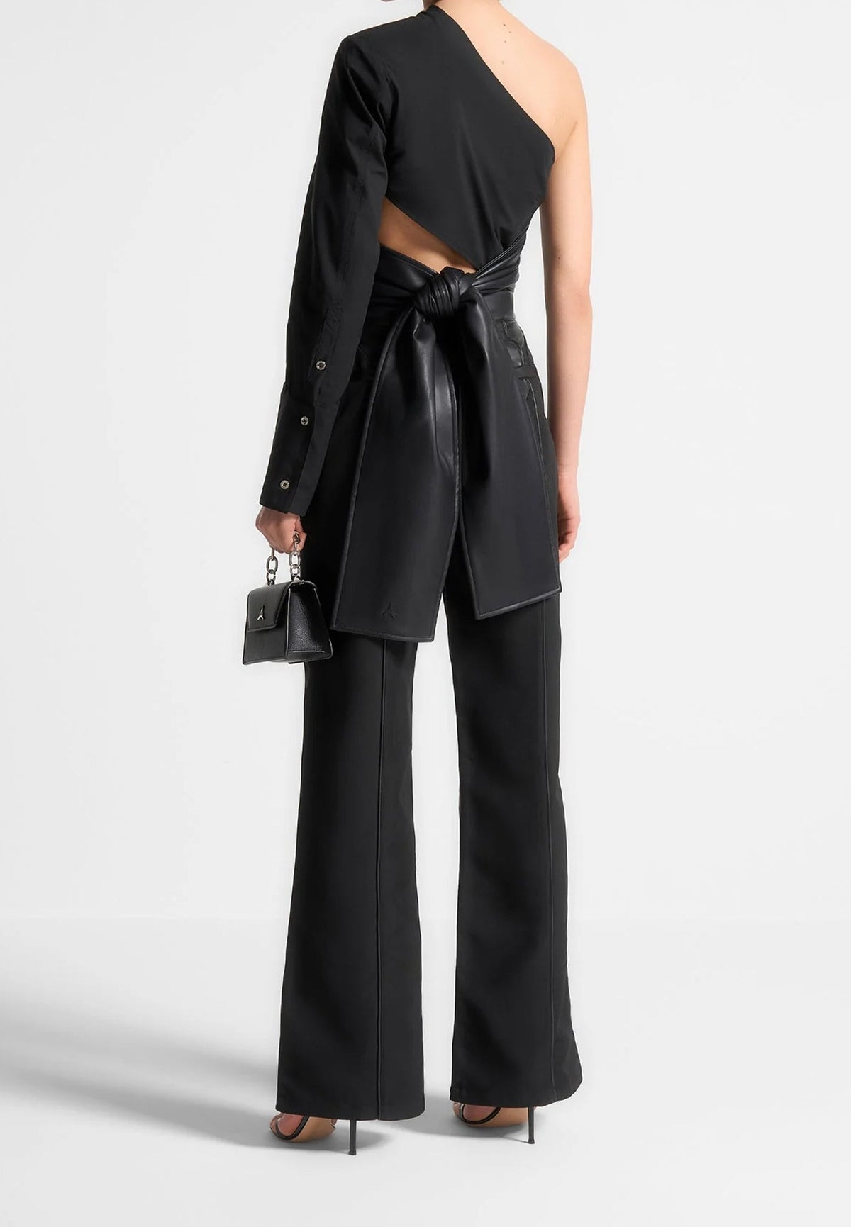 Coralie - One Sleeve Leather Wrap Top - Black