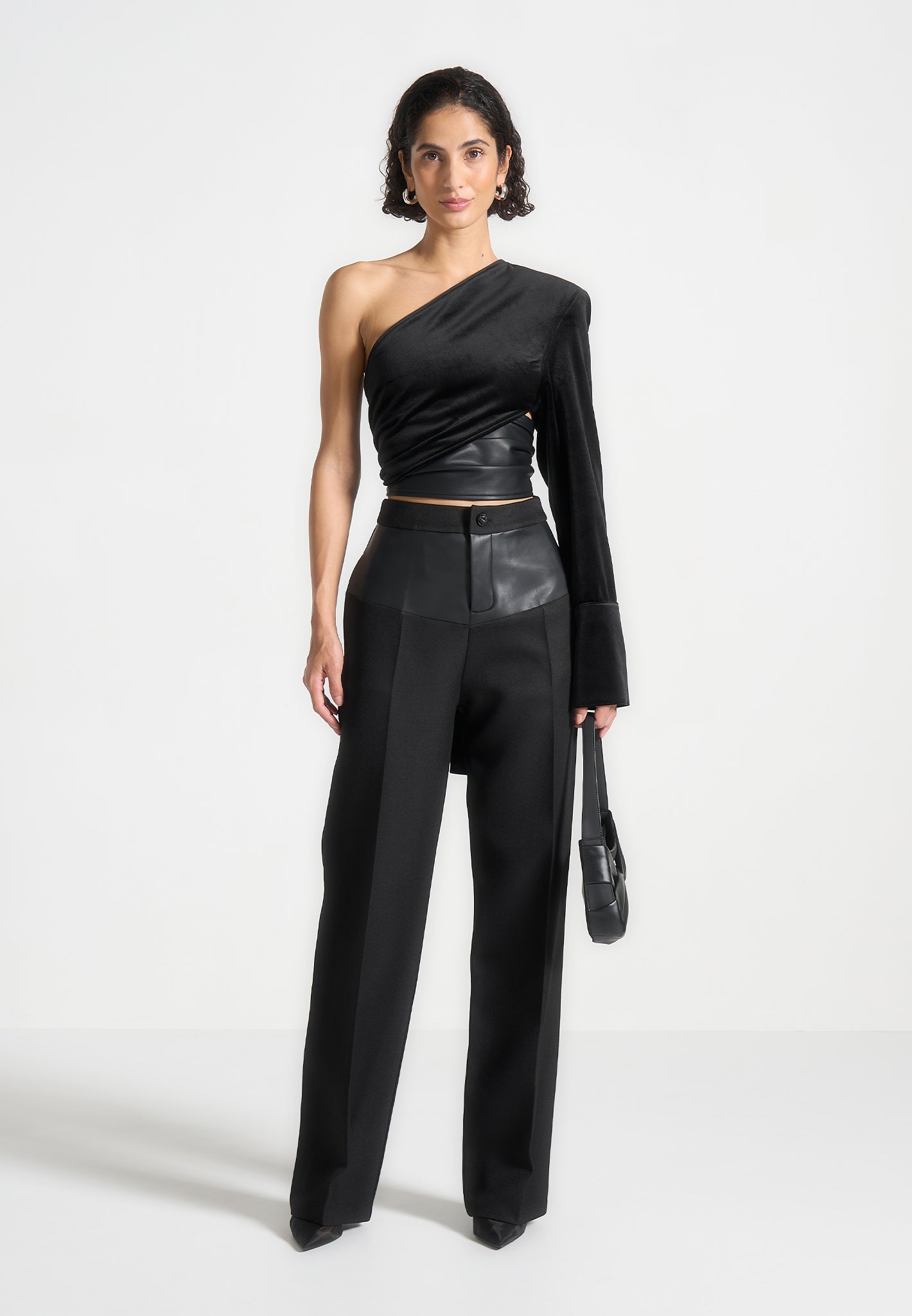 one-sleeve-velour-wrap-top-black 