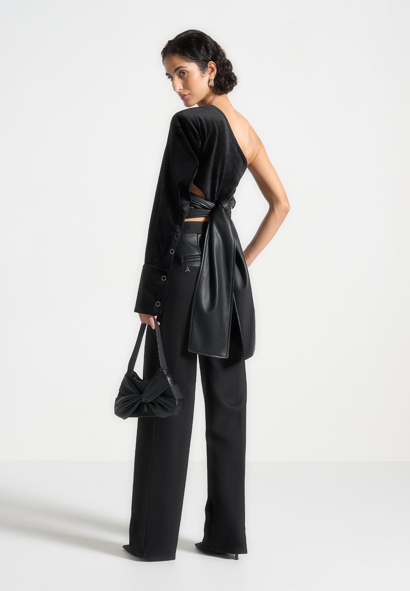 one-sleeve-velour-wrap-top-black 