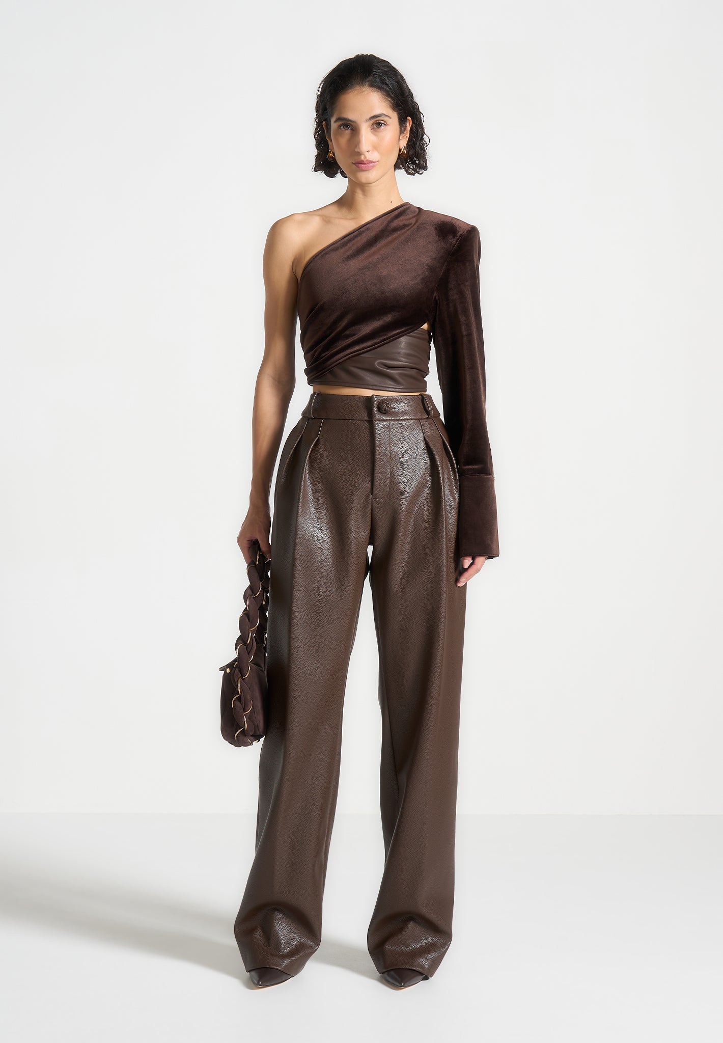 one-sleeve-velour-wrap-top-brown 