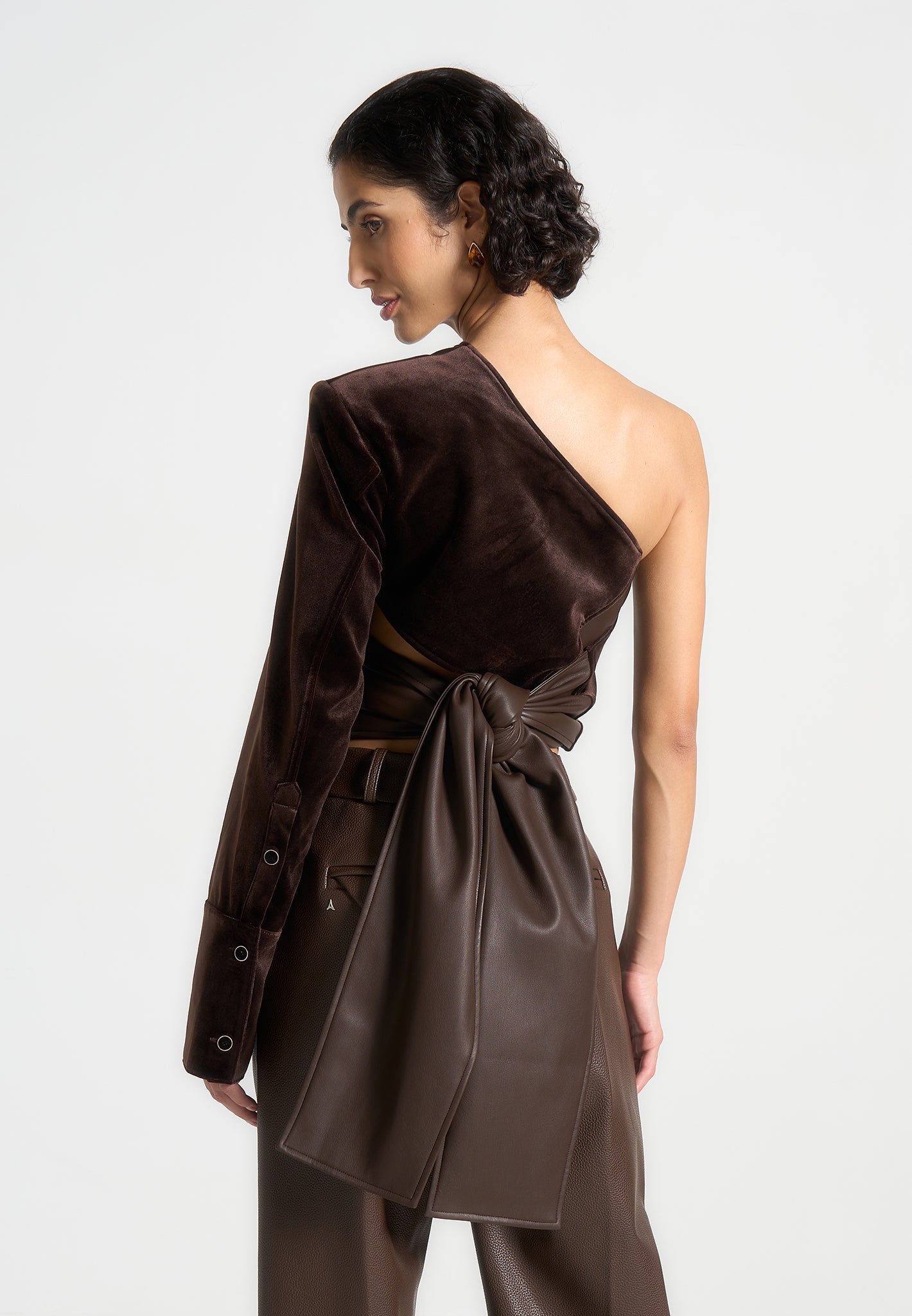 one-sleeve-velour-wrap-top-brown 