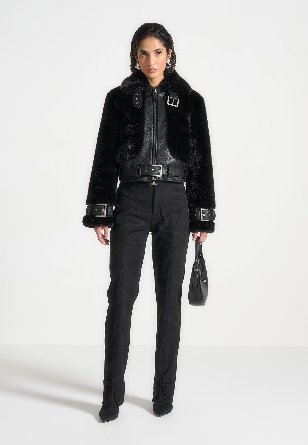 Deya - Plush & Vegan Leather Belted Jacket - Black