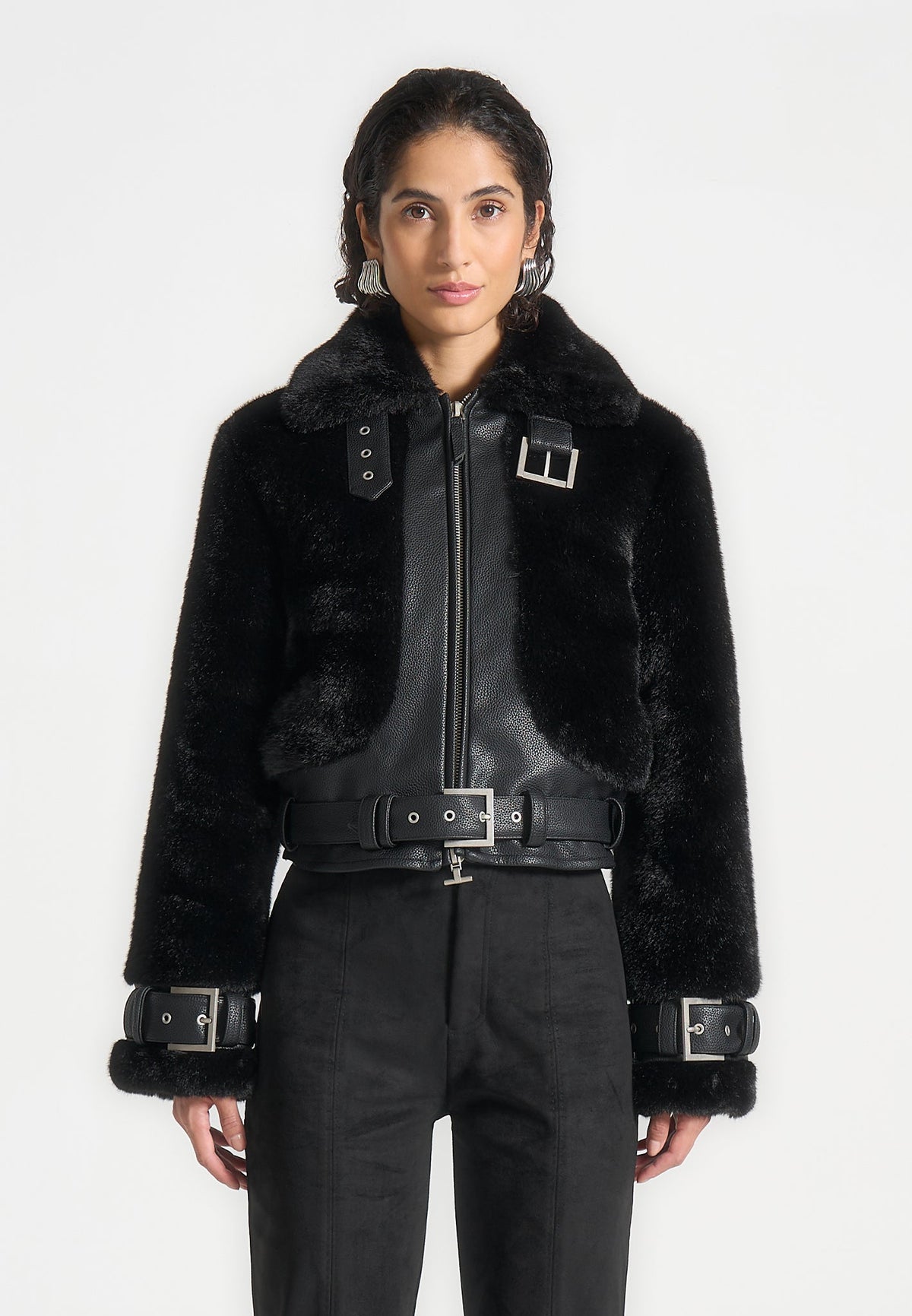 Deya - Plush & Vegan Leather Belted Jacket - Black