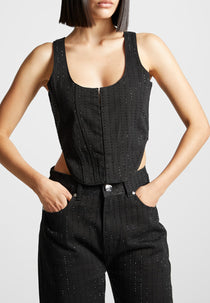 Rhinestone Denim Corset - Black