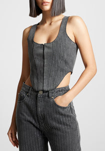 Rhinestone Denim Corset - Washed Grey