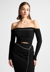Ribbed Knit Bardot Crop Top with Chain - Black