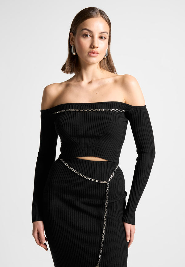 Ribbed Knit Bardot Crop Top with Chain - Black