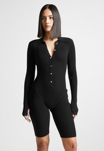 Ribbed Knit Long Sleeve Playsuit - Black