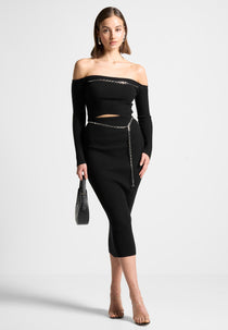 Ribbed Knit Midaxi Skirt with Chain Belt - Black