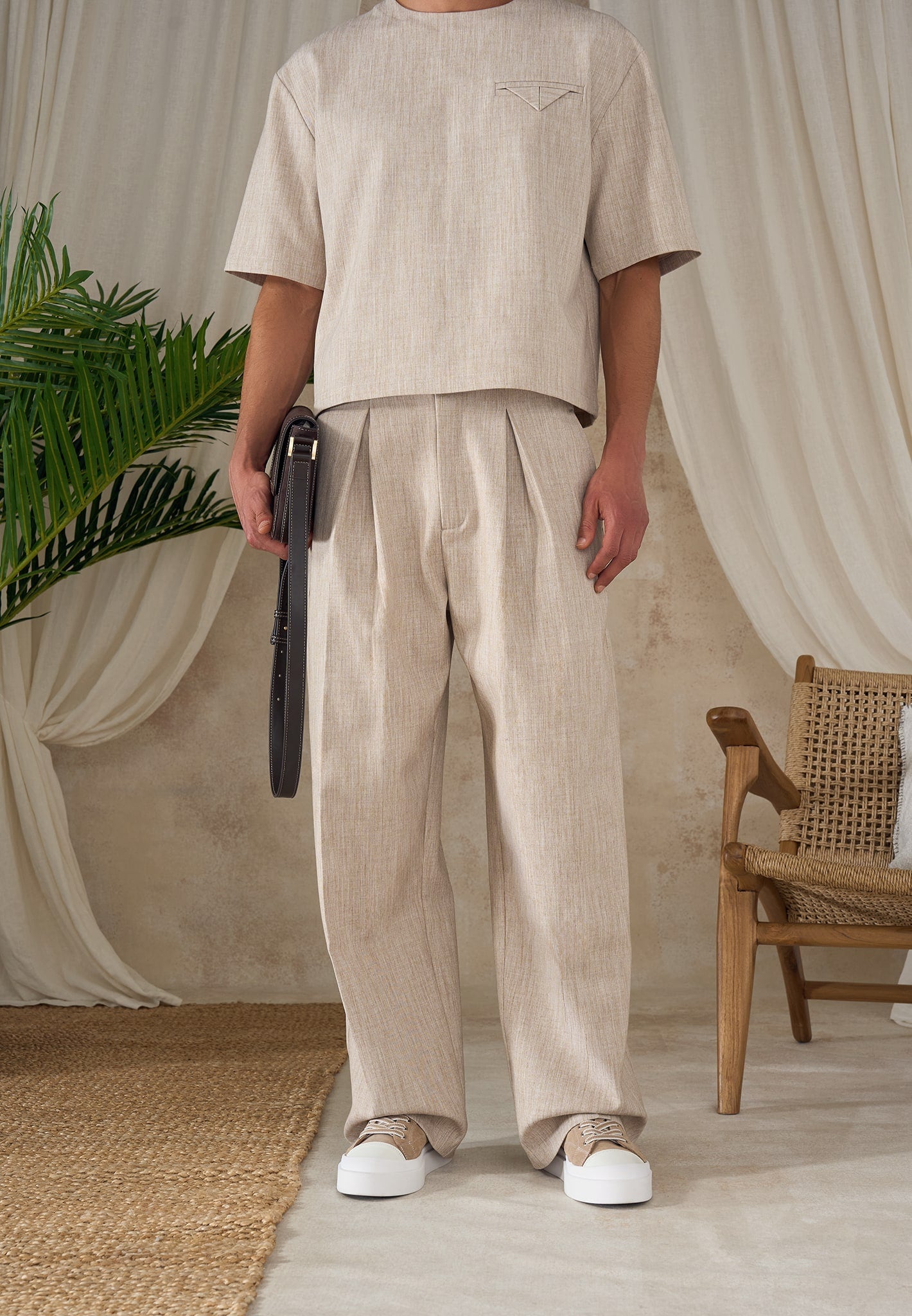 Lior - Box Pleat Wide Leg Pants - Beige