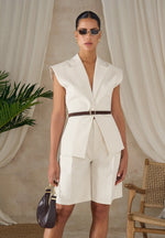Linda - Linen Wide Shoulder Cinched Waistcoat - Natural