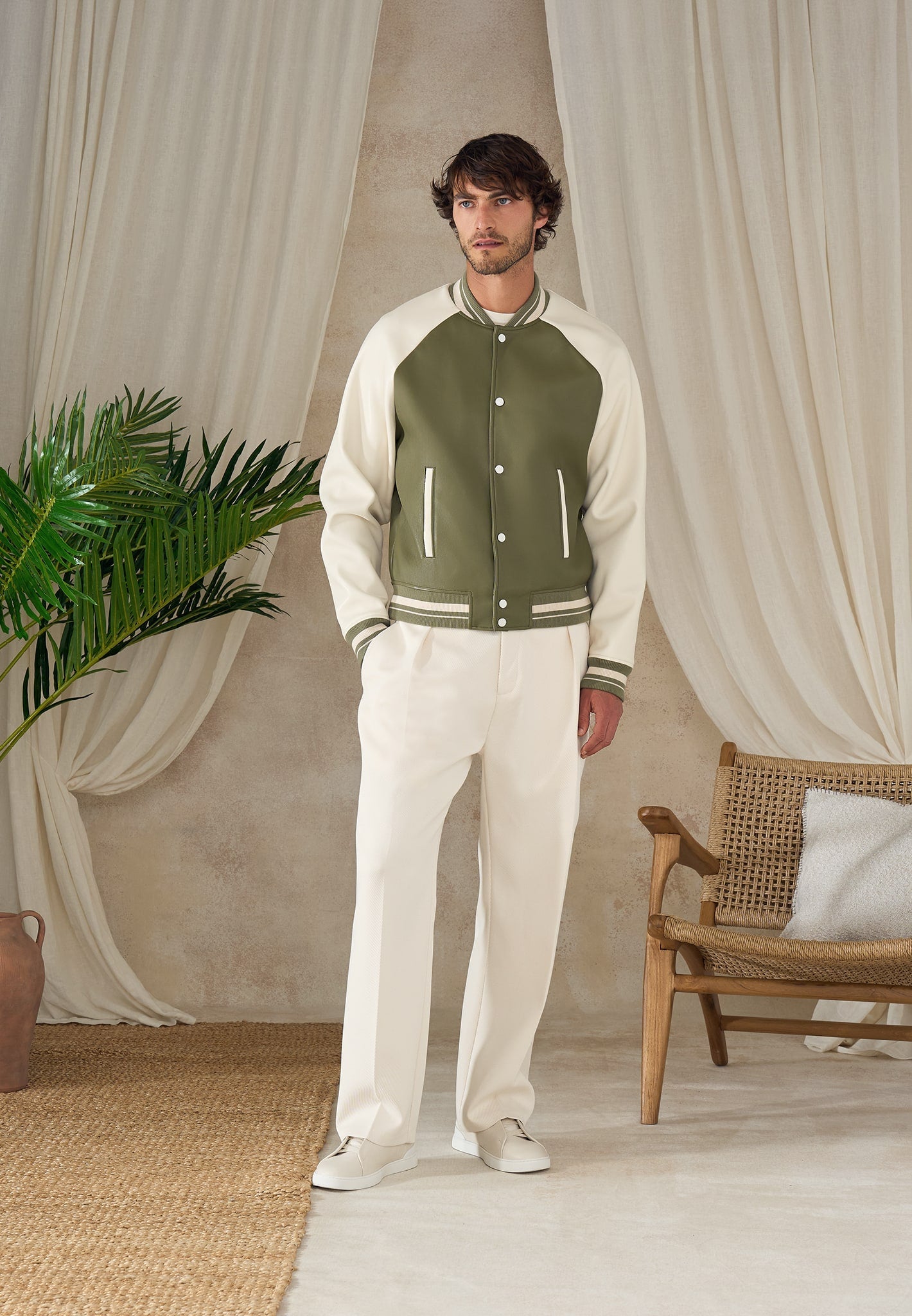 Guy - Contrast Leather Bomber Jacket - Olive/Cream 