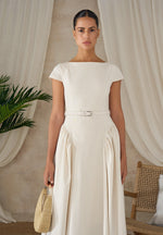Gaia - Linen Boat Neck Belted Pleated Midi Dress - Natural