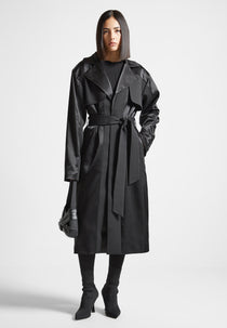 Satin Neoprene Longline Trench Coat - Black