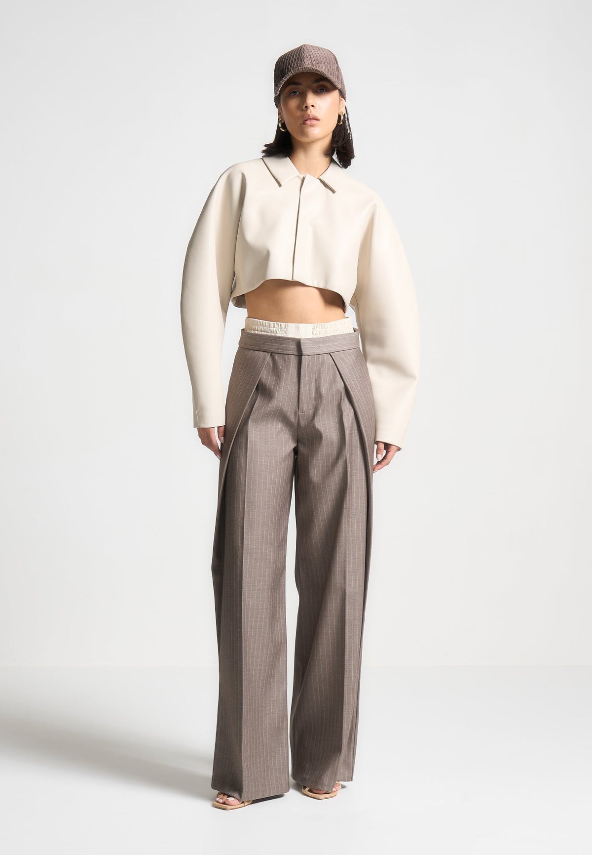 Sofia - Satin Waistband Pinstripe Pants - Taupe