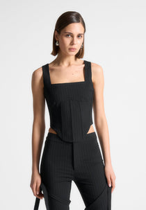 Square Neck Pinstripe Corset Top - Black