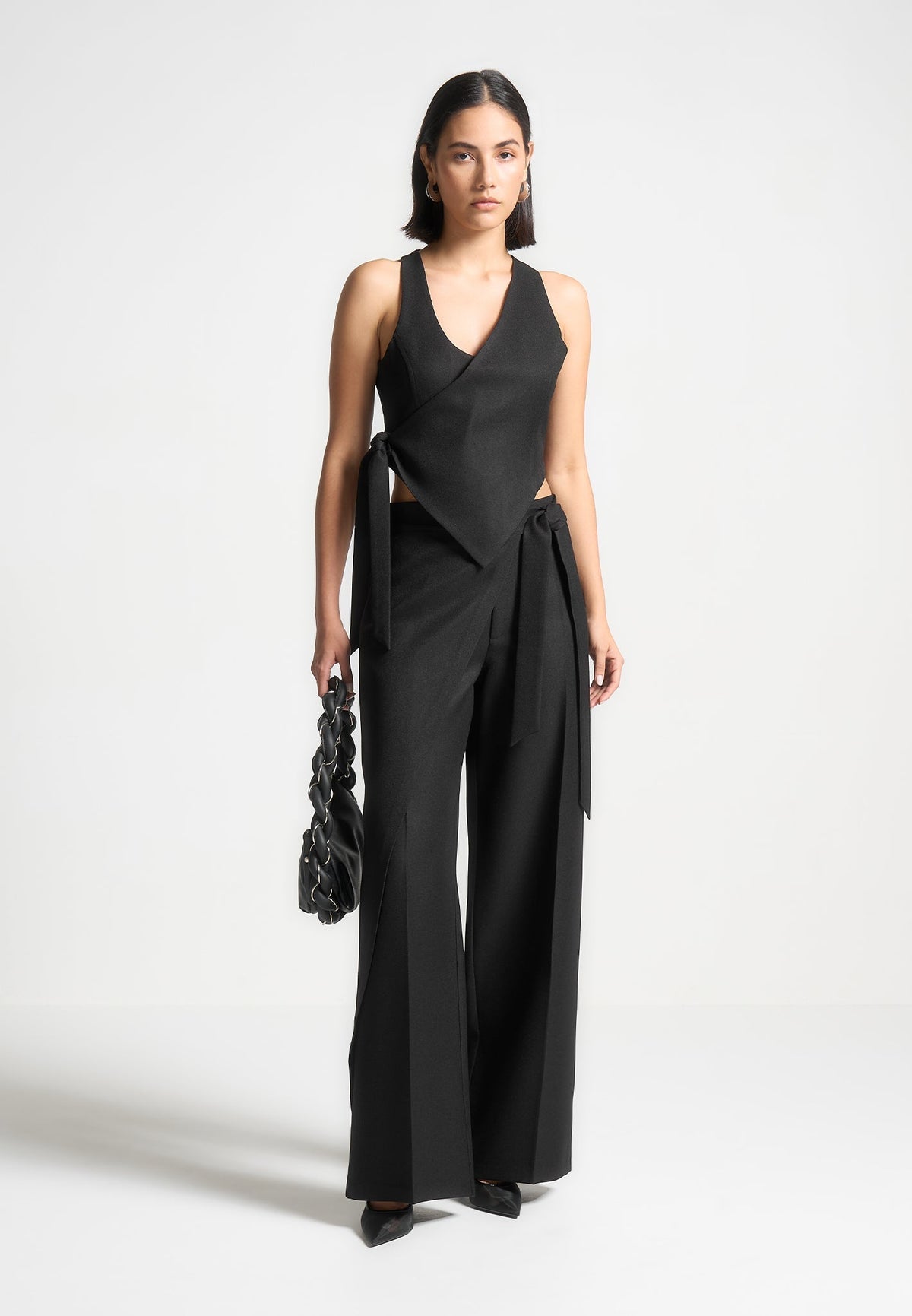Tailored Wrap Pants with Tie - Black
