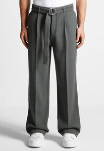 Relaxed Fit Twill Belted Tailored Pants - Grey