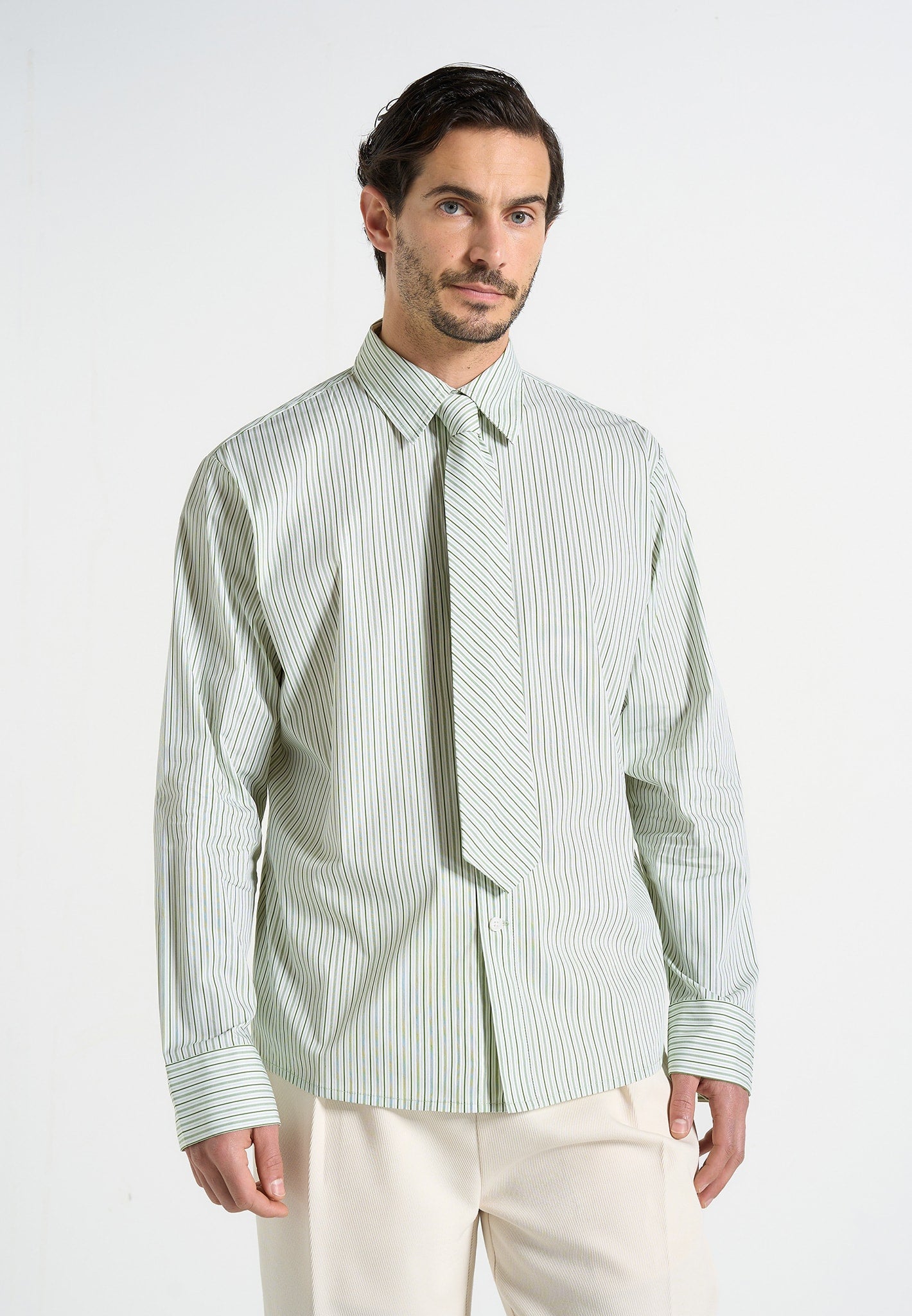 Dylan - Unisex Pinstripe Long Sleeve Shirt With Detachable Tie - Sage