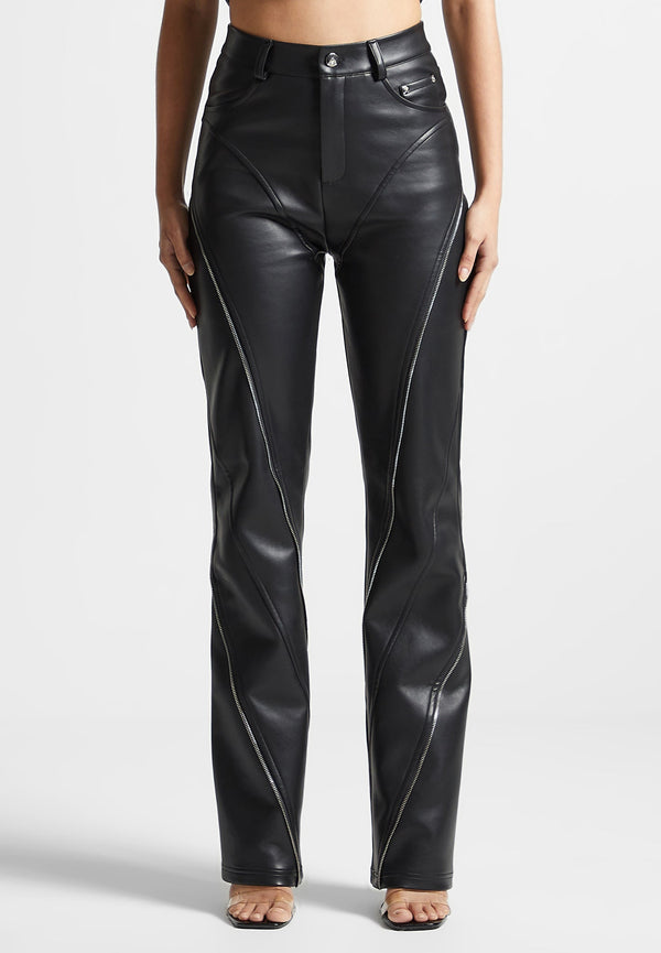 Leather Biker Trousers with Zip - Black