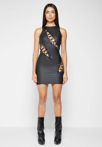 Leather Cut Out Mini Dress - Black