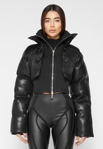 Leather Puffer Sleeve Layered Jacket - Black