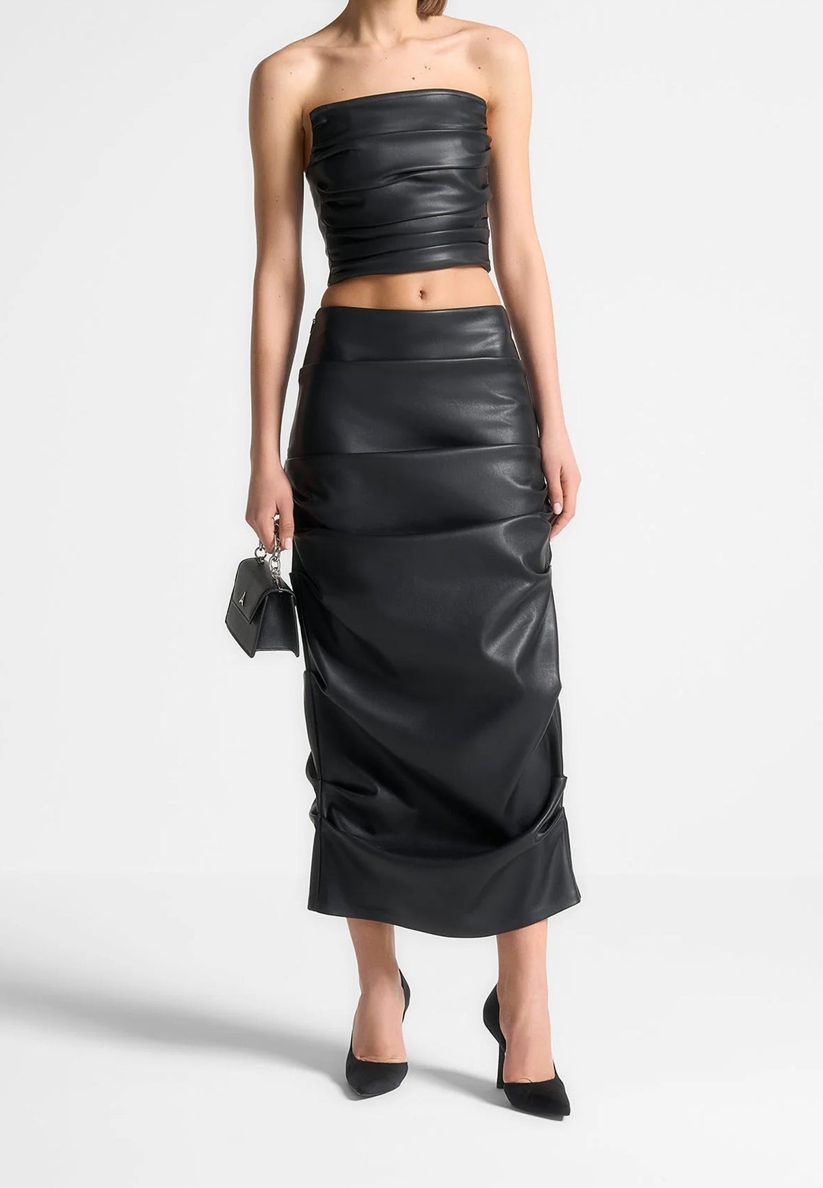 Pleated Bandeau Leather Corset Top - Black