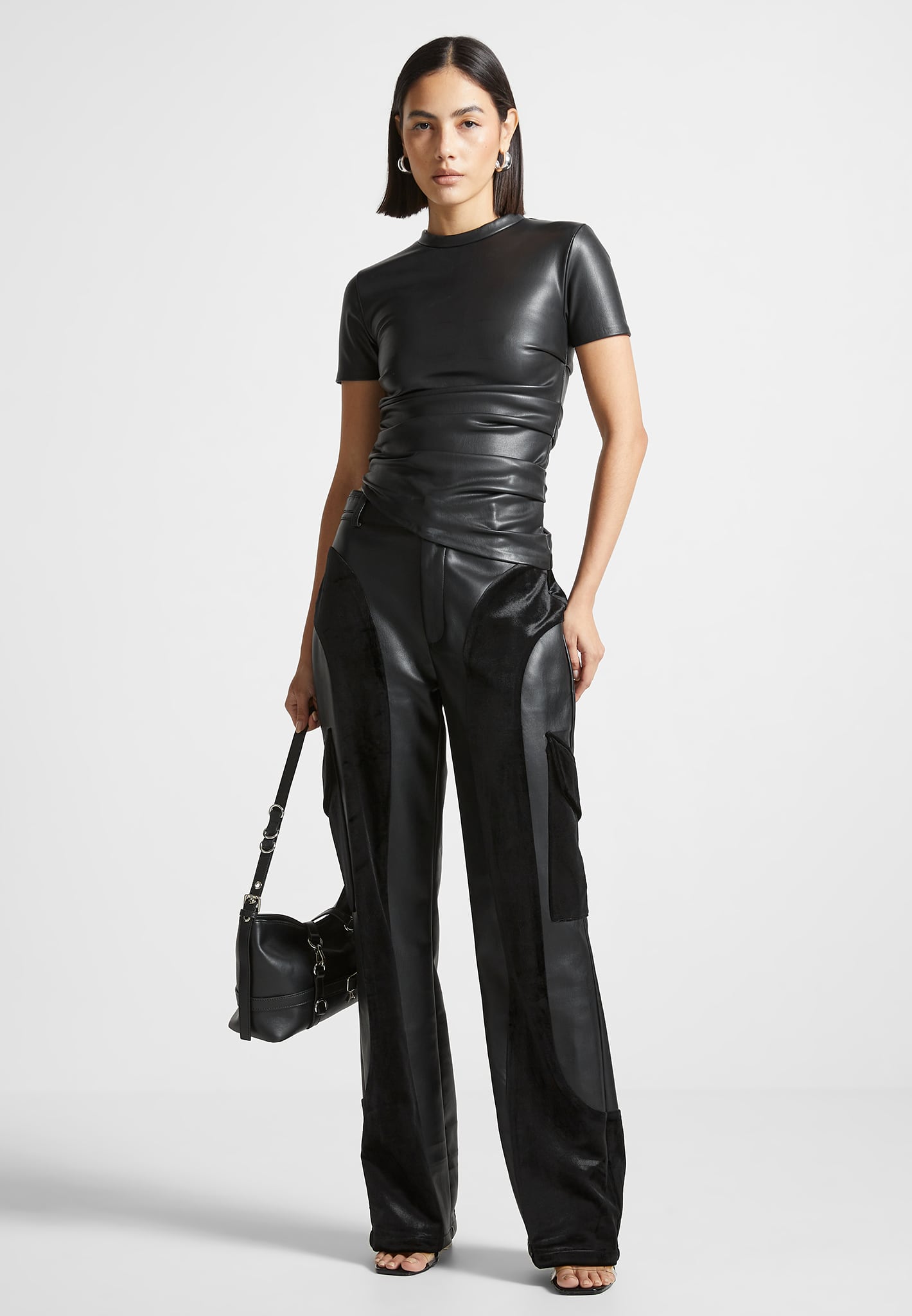 vegan-leather-ruched-t-shirt-black 