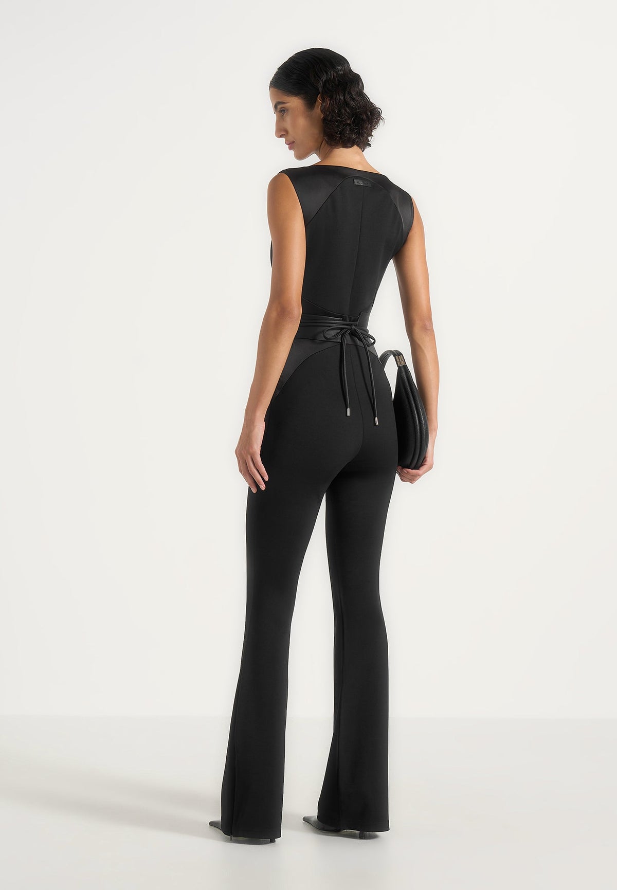 Selene - Belted Satin Contour Flared Jumpsuit - Black