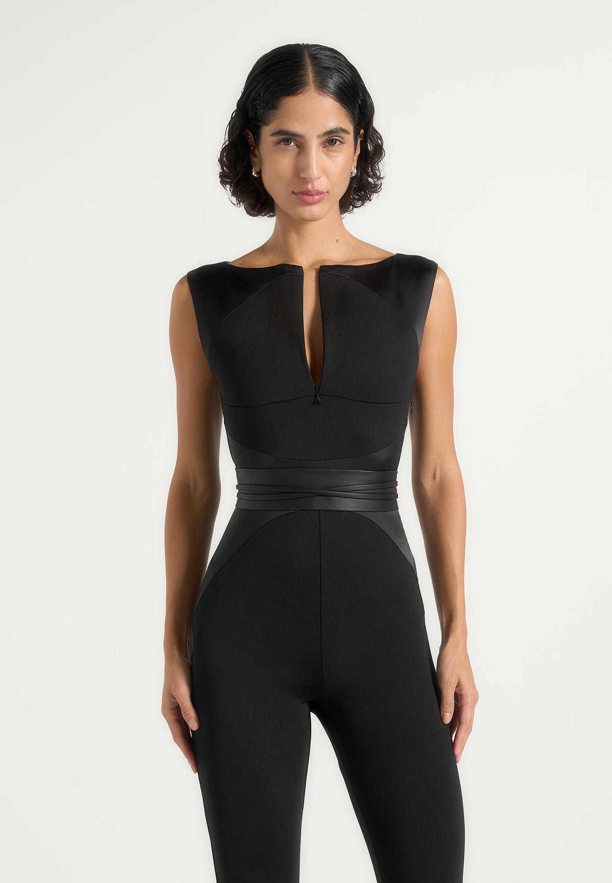 Selene - Belted Satin Contour Flared Jumpsuit - Black