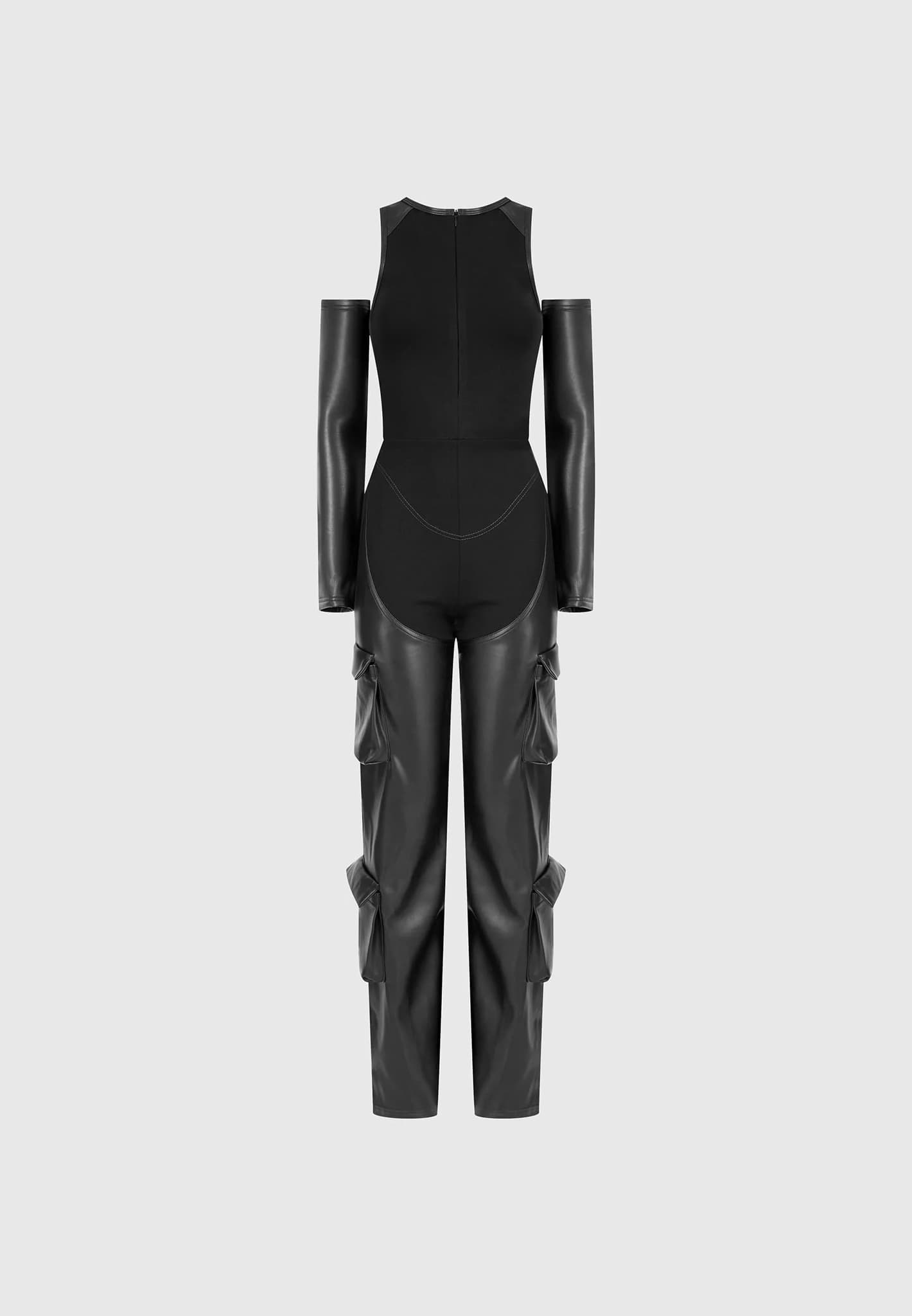 bandage-and-vegan-leather-racer-neck-cargo-pocket-jumpsuit-black