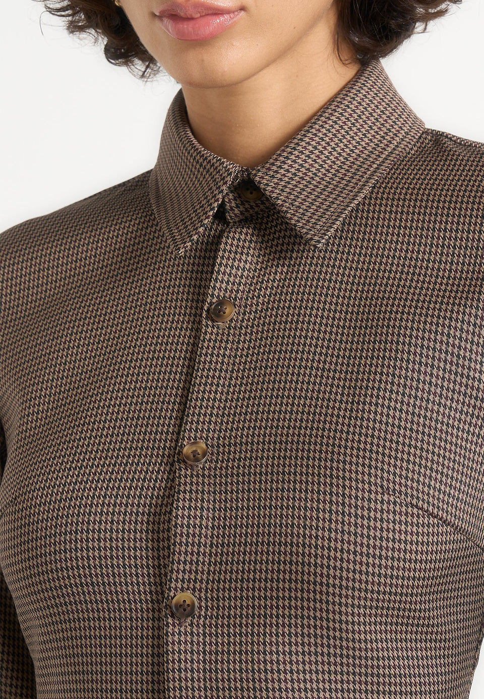 Sonia - Houndstooth Cinch Shirt - Brown