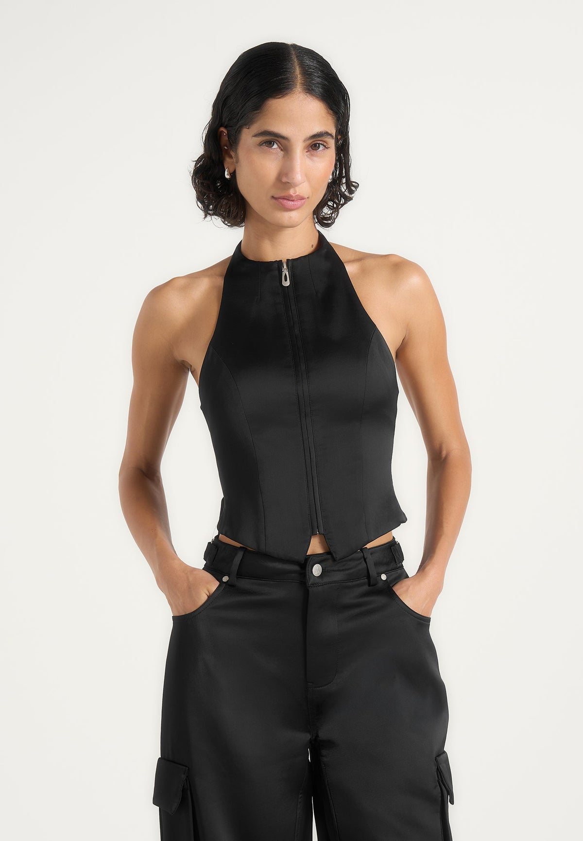Claudette - Satin Halter Neck Backless Top - Black