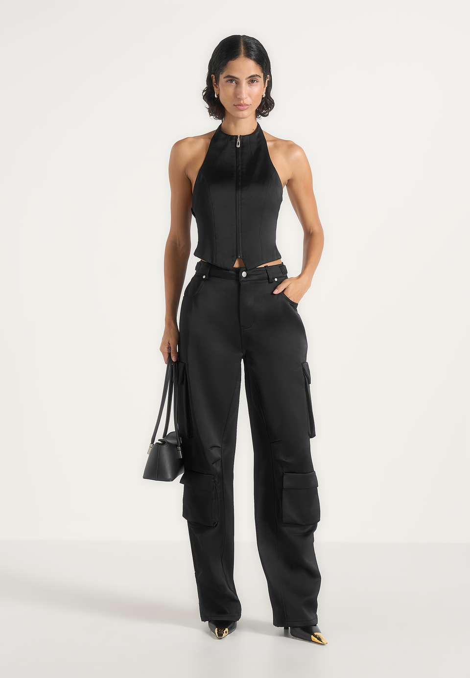 Claudette - Satin Halter Neck Backless Top - Black