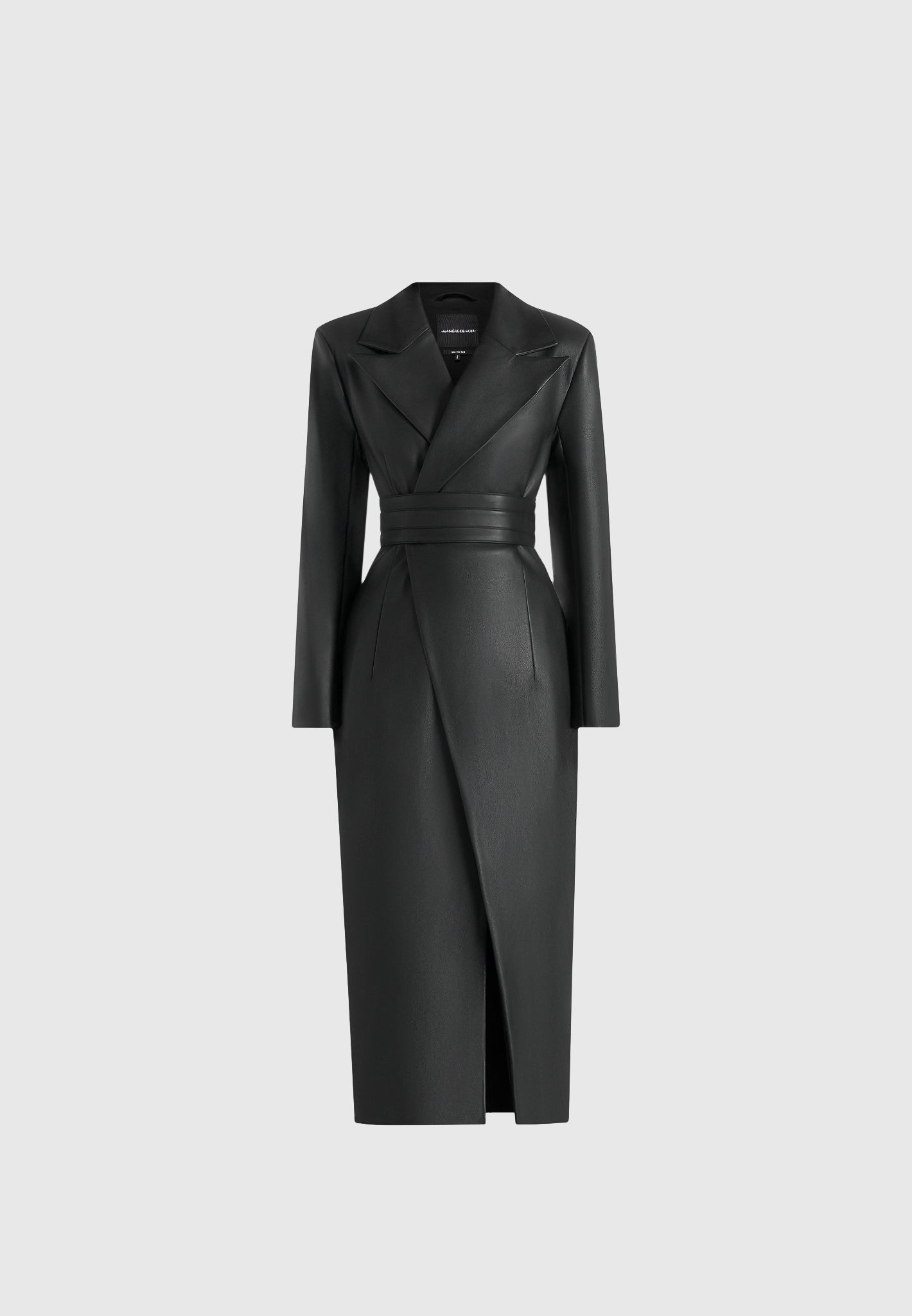 Esma - Leather Asymmetric Coat with Cinch Belt - Black