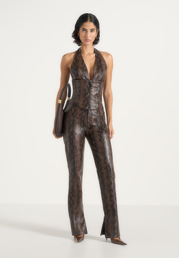 Sloane - Python Halter Neck Corset Top - Brown
