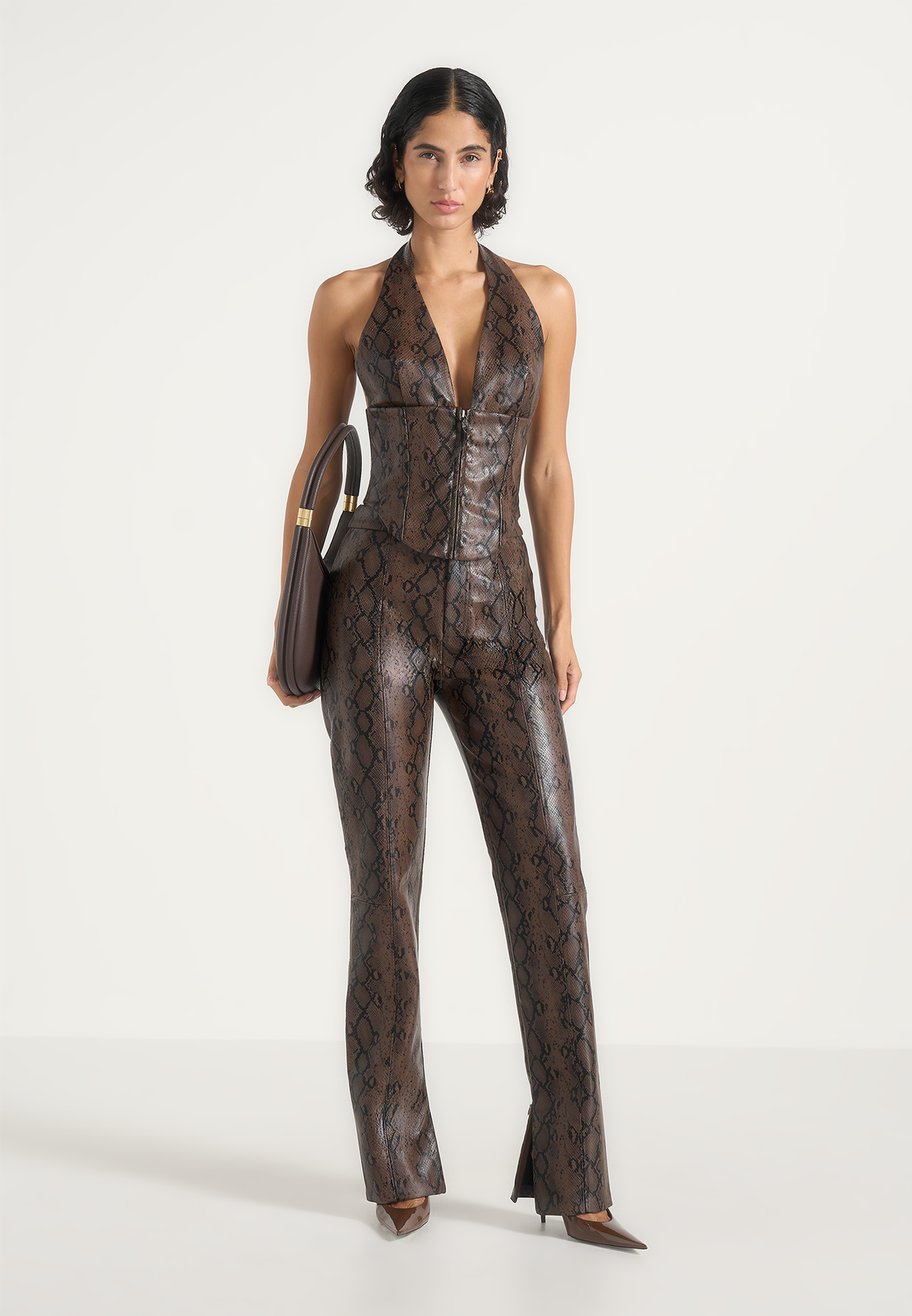 Sloane - Python Halter Neck Corset Top - Brown