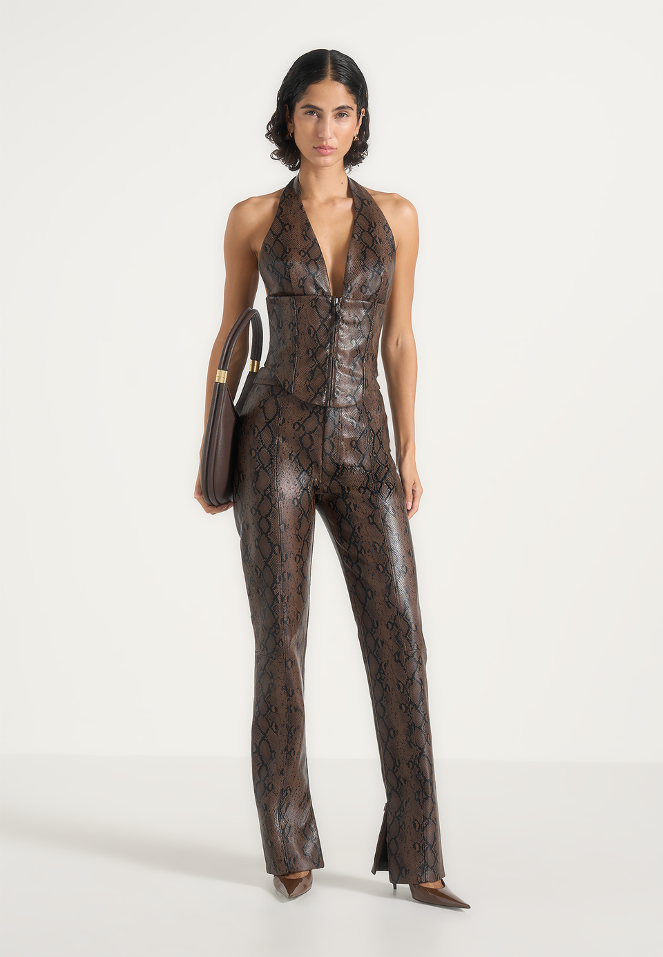 Sloane - Python Halter Neck Corset Top - Brown