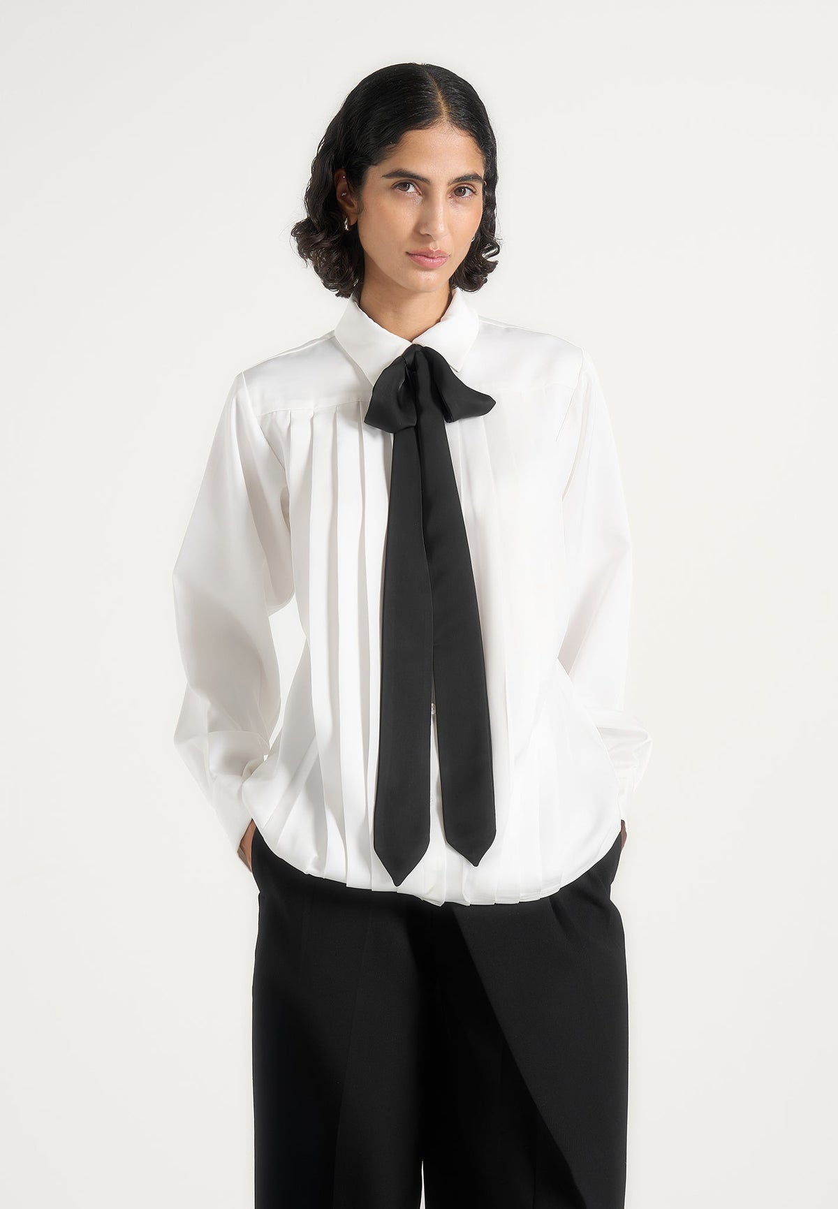 Hanelle - Satin Tie Neck Pleated Shirt - White