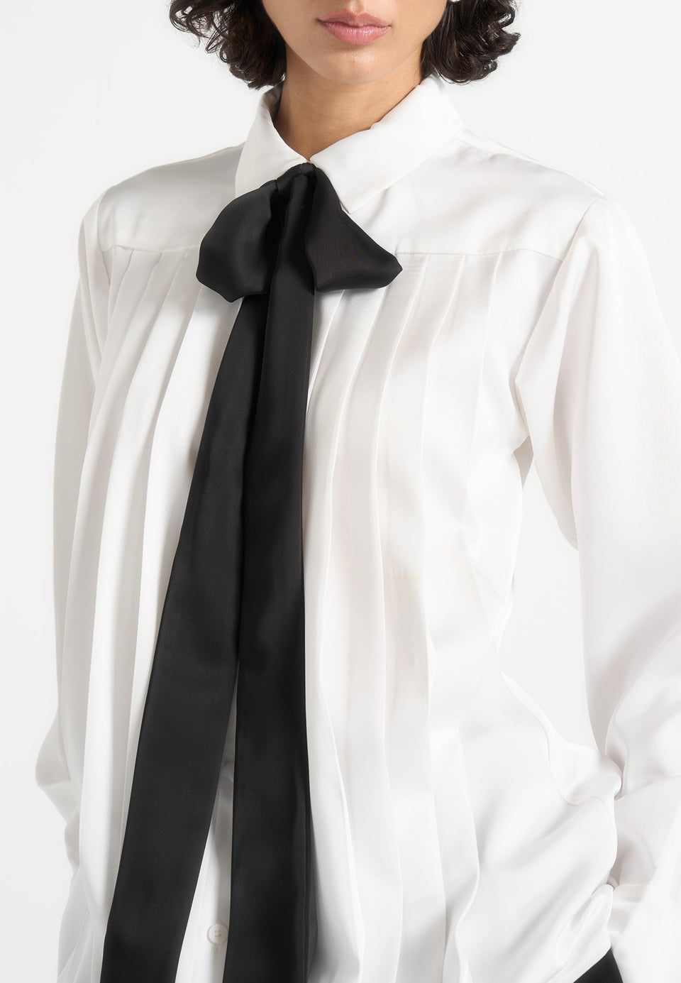 Hanelle - Satin Tie Neck Pleated Shirt - White