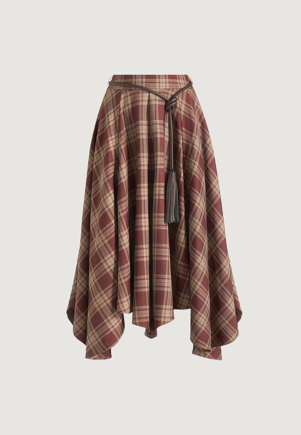 Spencer - Check Handkerchief Midi Skirt With Tassel Belt - Brown