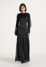 Miriam - Asymmetric Satin & Lace Maxi Dress With Lace Scarf - Black