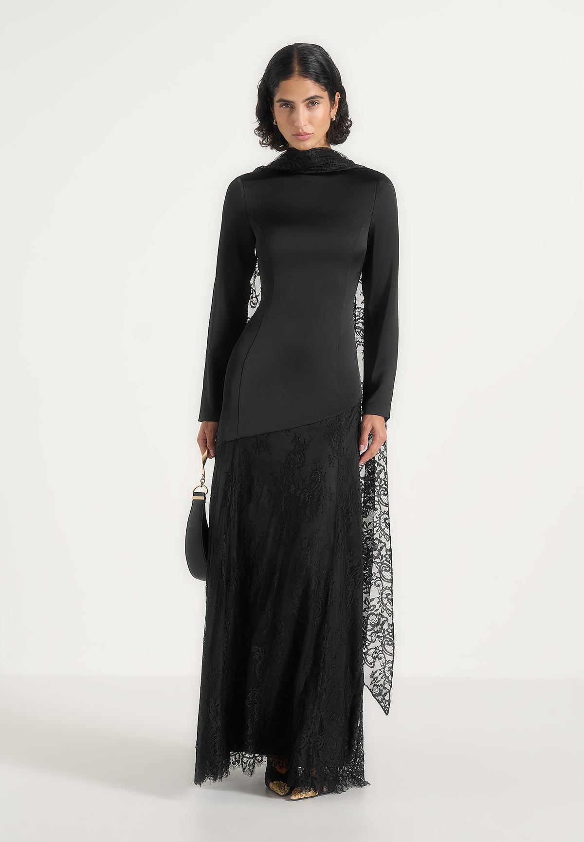 Miriam - Asymmetric Satin & Lace Maxi Dress With Lace Scarf - Black