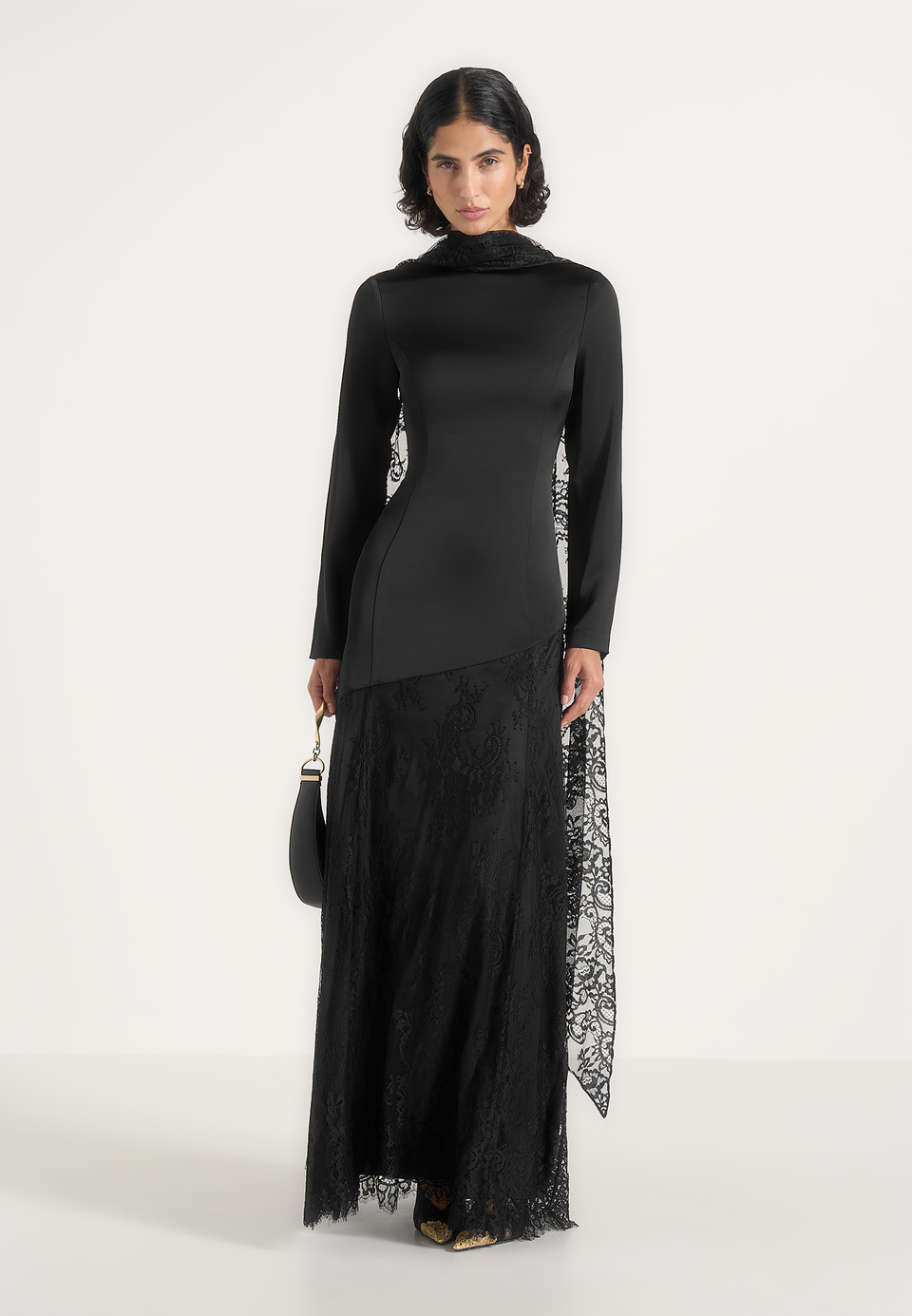 Miriam - Asymmetric Satin & Lace Maxi Dress With Lace Scarf - Black